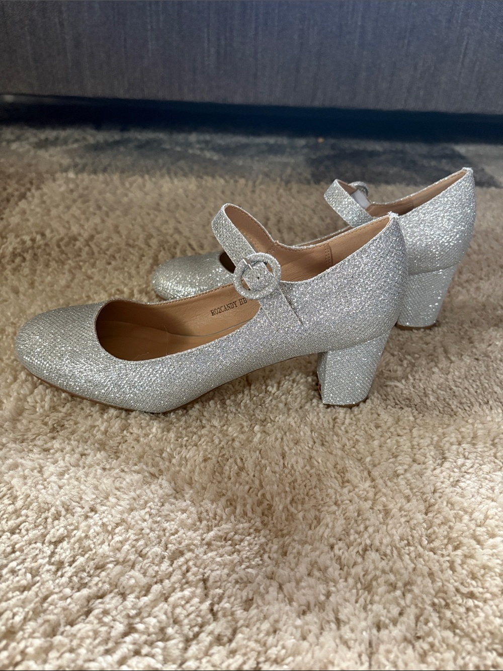 IDIFU Silver Glitter Mary Jane Block Heel Pumps